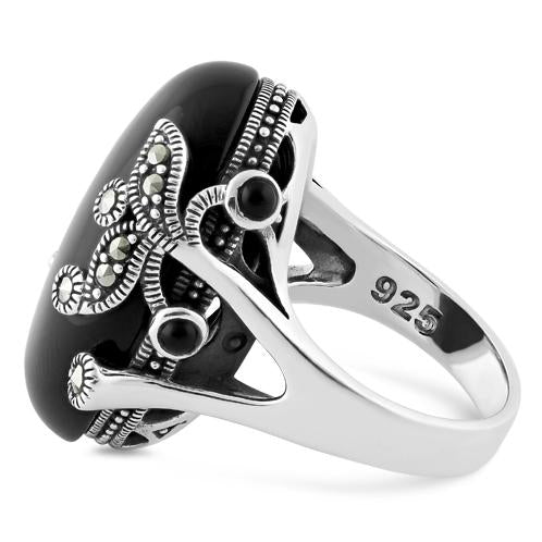 Sterling Silver Big Oval Black Onyx Floral Marcasite Ring