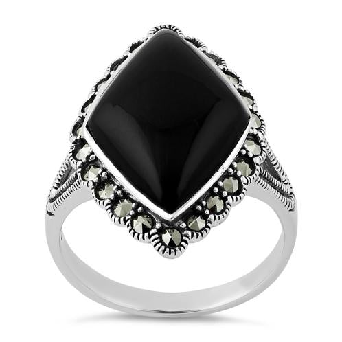 Sterling Silver Black Onyx Diamond Shape Marcasite Ring