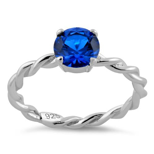 Sterling Silver Blue Spinel Twisted Band CZ Ring