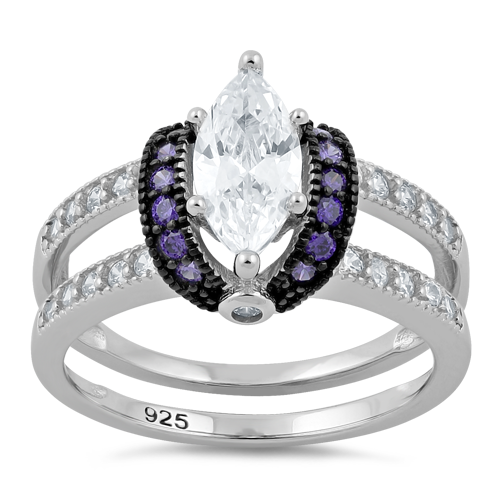 Sterling Silver Clear Marquise Amethyst CZ Black Plating Ring