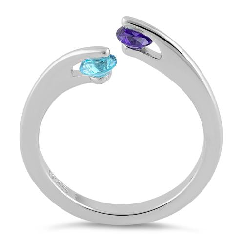 Sterling Silver Double Round Amethyst and Aqua Blue CZ Ring