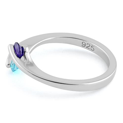 Sterling Silver Double Round Amethyst and Aqua Blue CZ Ring