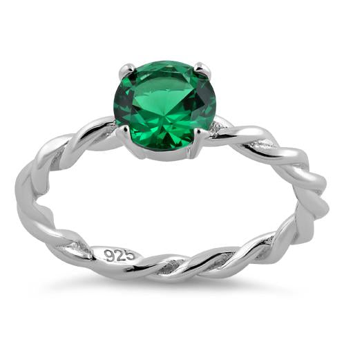 Sterling Silver Emerald Twisted Band CZ Ring