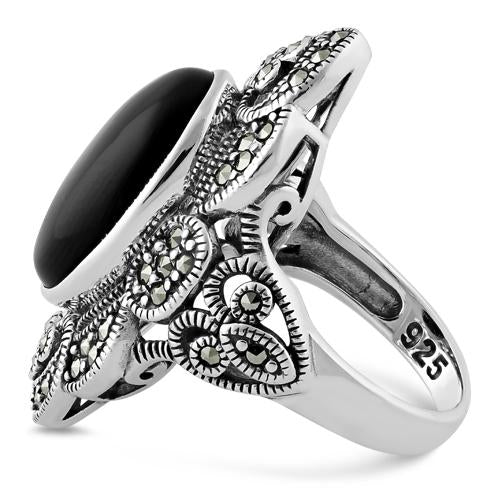 Sterling Silver Oval Black Onyx Heart Marcasite Ring