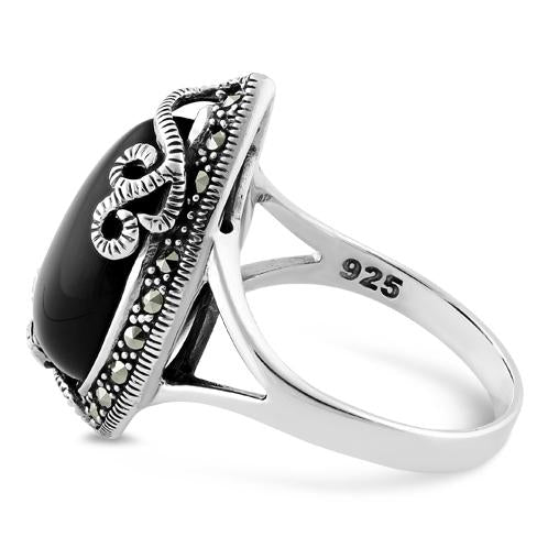 Sterling Silver Pear Shape Black Onyx Marcasite Ring