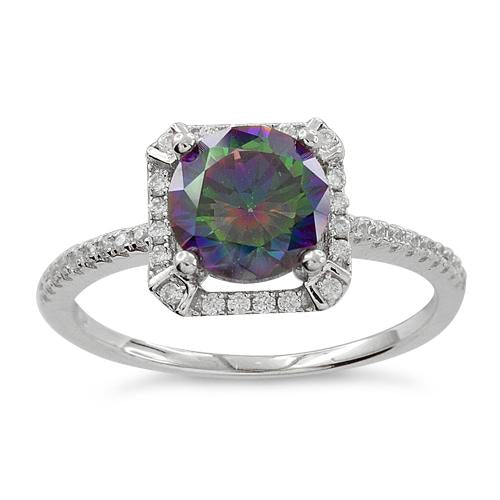 Sterling Silver Rainbow Topaz Round Halo Pave CZ Ring