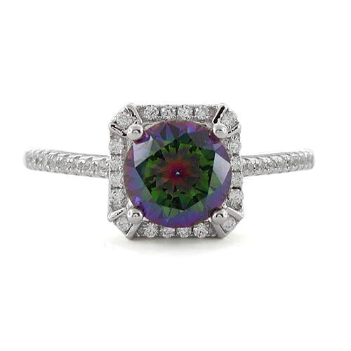 Sterling Silver Rainbow Topaz Round Halo Pave CZ Ring