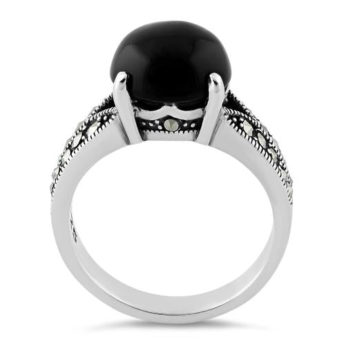 Sterling Silver Round Black Onyx Marcasite Ring