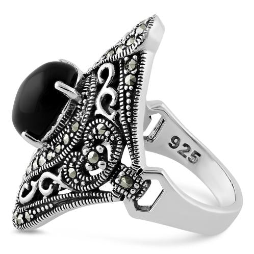 Sterling Silver Round Black Onyx Wide Marcasite Ring