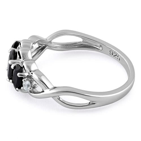 Sterling Silver Triple Oval Black CZ Ring