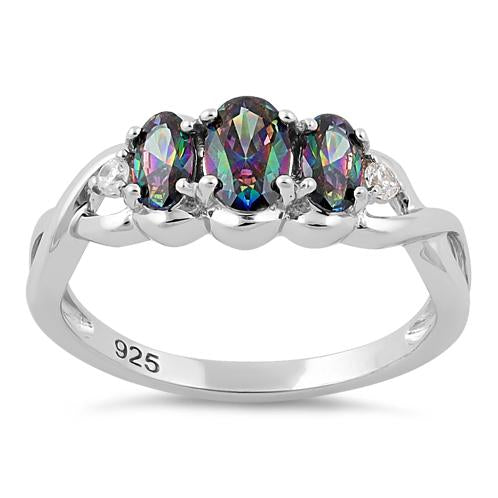 Sterling Silver Triple Oval Rainbow CZ Ring
