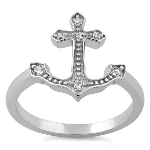 Sterling Silver Anchor Clear CZ Ring