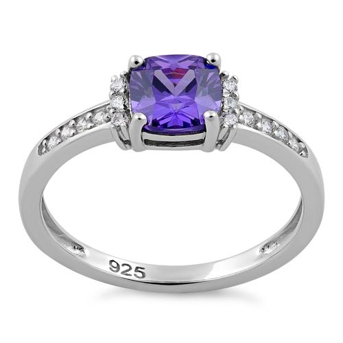 Sterling Silver Cushion Amethyst CZ Ring