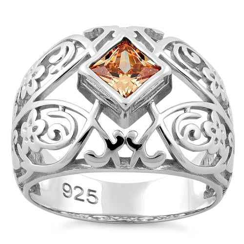 Sterling Silver Fleur-de-lis Flower Champagne CZ Ring