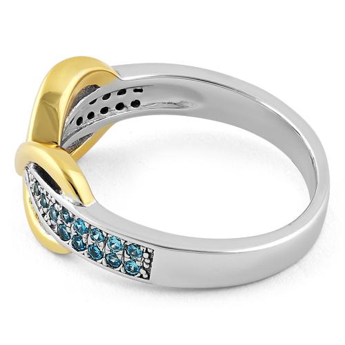 Sterling Silver Infinity Pave Two-Tone Aqua Marine CZ Ring