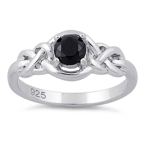 Sterling Silver Knot Frame Round Cut Black CZ Ring