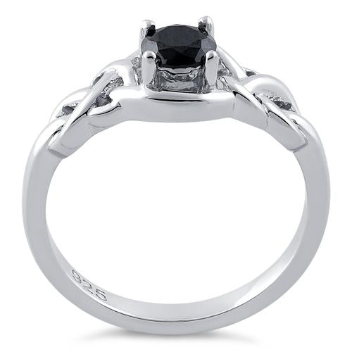 Sterling Silver Knot Frame Round Cut Black CZ Ring