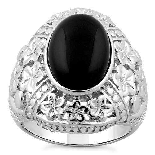 Sterling Silver Plumeria Black Agate Ring