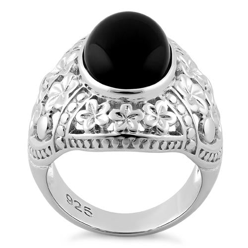 Sterling Silver Plumeria Black Agate Ring