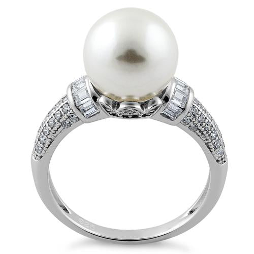 Sterling Silver Queen Crown Synthetic Pearl CZ Ring