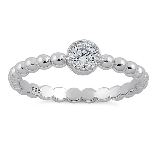 Sterling Silver Round Cut Beaded Clear CZ Ring