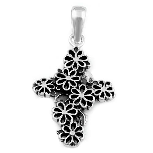 Sterling Silver Flowered Cross Pendant
