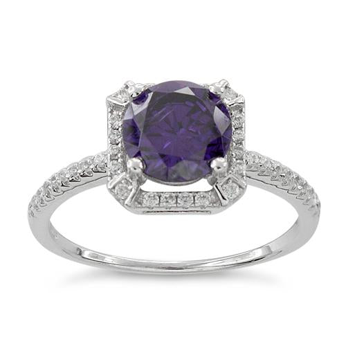 Sterling Silver Amethyst Round Halo Pave CZ Ring