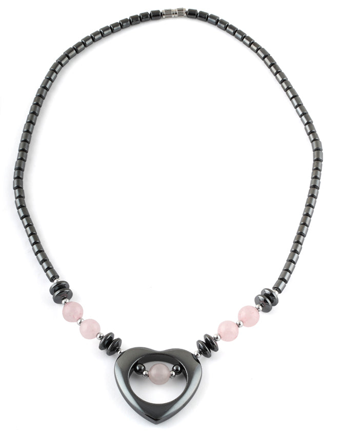 18" Open Heart Rose Quartz Stone Hematite Necklace