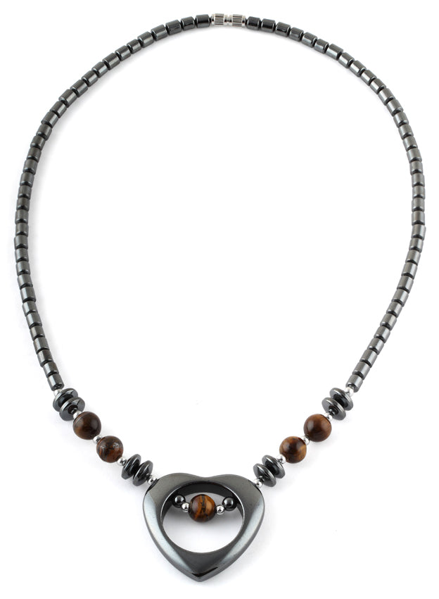 18" Open Heart Tiger Eye Stone Hematite Necklace