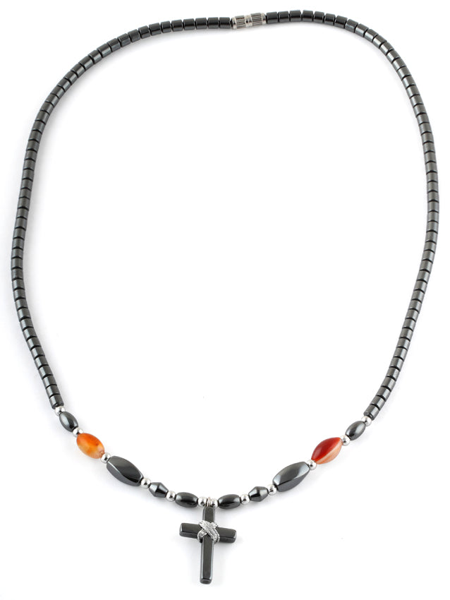 18" Small Cross w/ Carnelian Beads Hematite Necklace