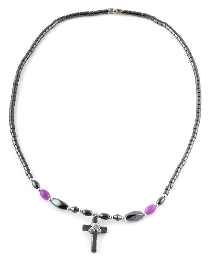 18" Small Cross w/ Purple Beads Hematite Necklace