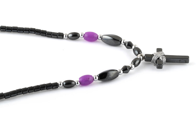 18" Small Cross w/ Purple Beads Hematite Necklace
