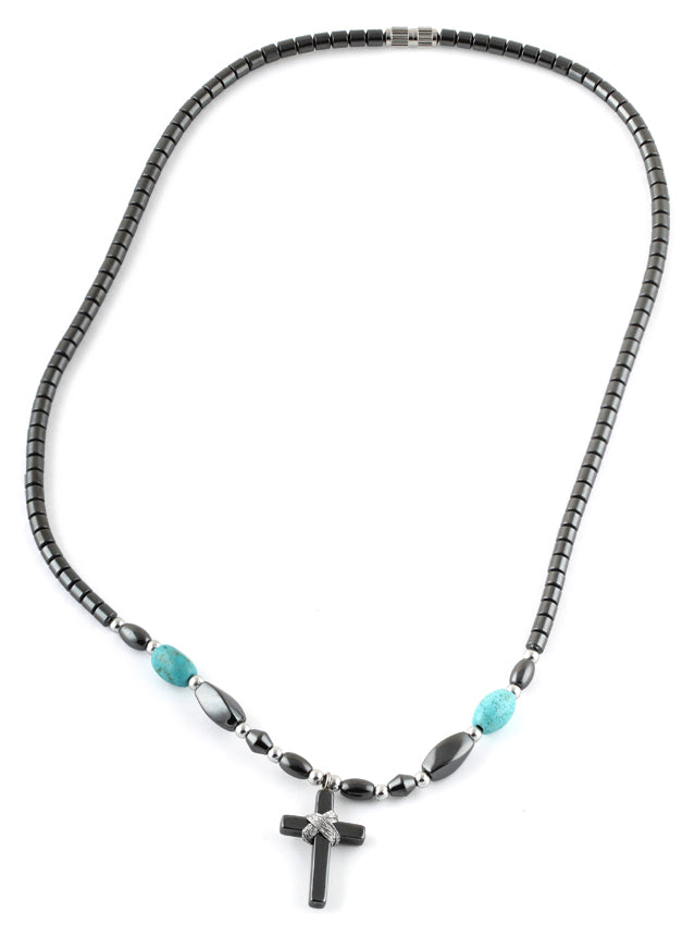 18" Small Cross w/ Turquoise Beads Hematite Necklace