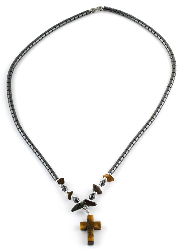 18" Tiger Eye Cross Stone Hematite Necklace
