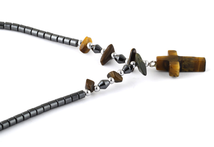 18" Tiger Eye Cross Stone Hematite Necklace