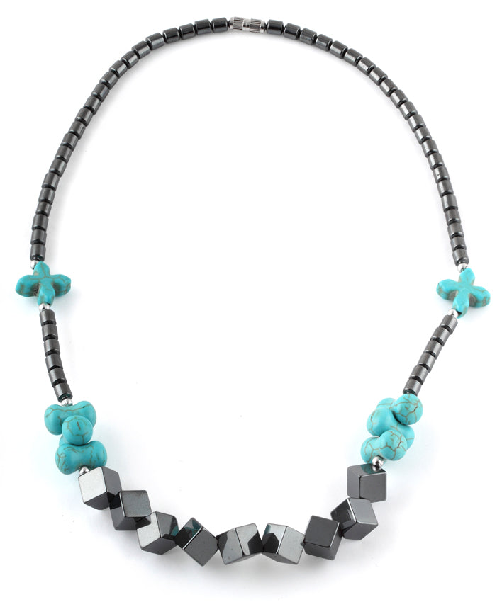 18" Turquoise Stones Hematite Cubes Necklace