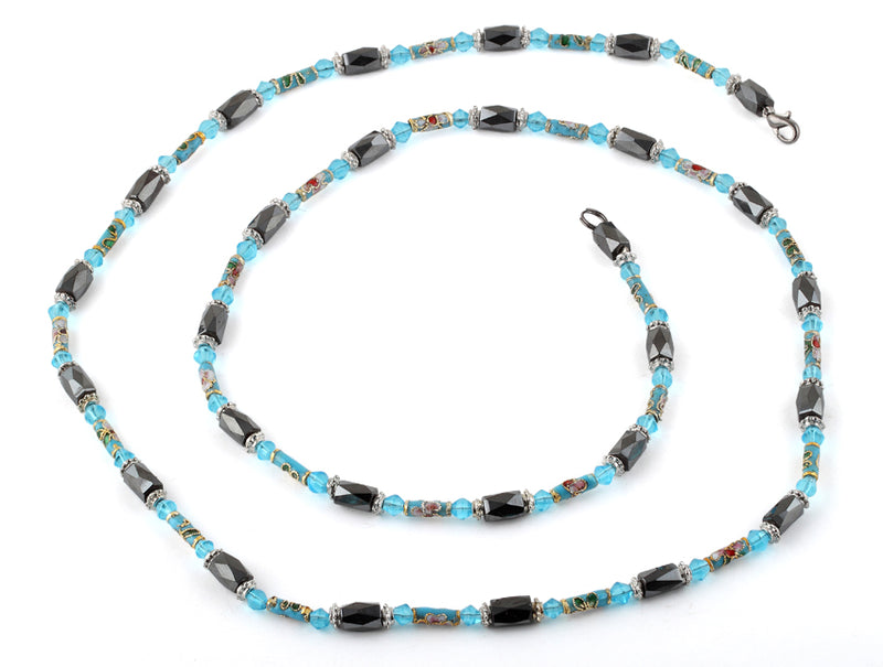 32" Magnetic Hematite Blue Crystal & Cloisonne Wrap Bracelet/Necklace