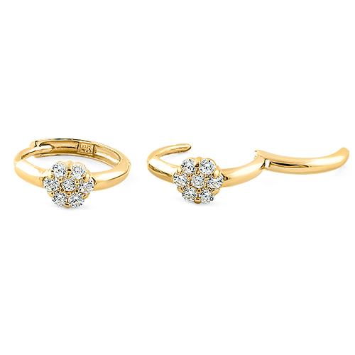 Solid 14K Yellow Gold Flower Round CZ Hoop Earrings