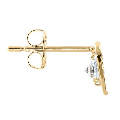 Solid 14K Yellow Gold Ridged Heart Round Clear CZ Earrings