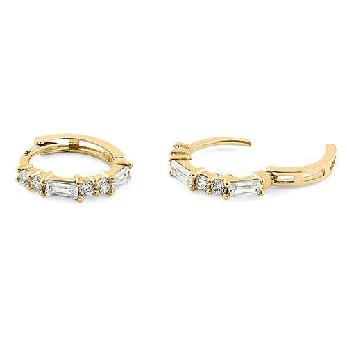 Solid 14K Yellow Gold Round & Baguette Straight CZ Hoop Earrings