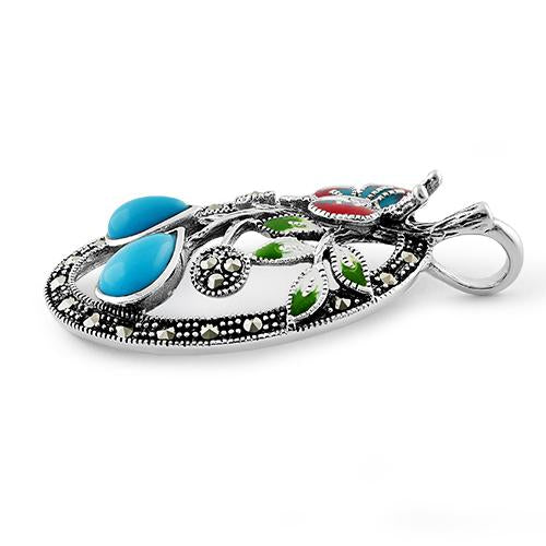 Sterling Silver Enamel Butterfly & Flowers Simulated Turquoise Marcasite Pendant