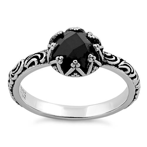 Sterling Silver Floral Black CZ Ring