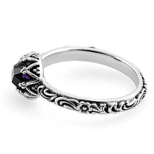Sterling Silver Floral Purple CZ Ring