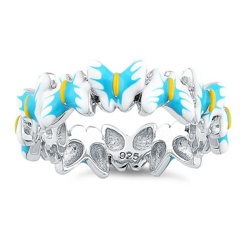 Sterling Silver Hand-Painted Paradise Blue & White Butterfly Enamel Ring