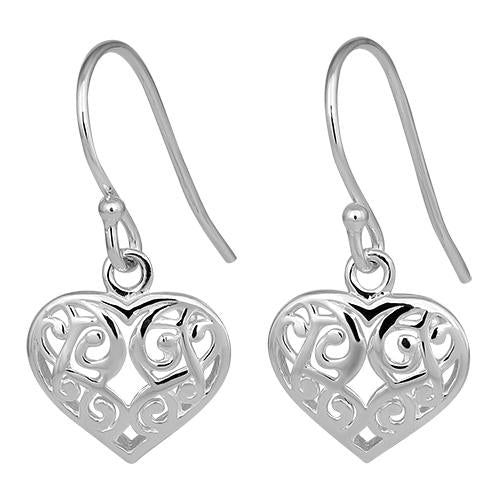 Sterling Silver Pattern Heart Hook Earrings