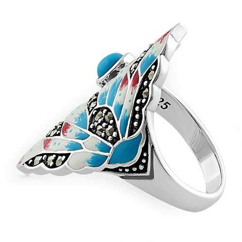 Sterling Silver Simulated Turquoise Enamel Angel Fish Design Marcasite Ring