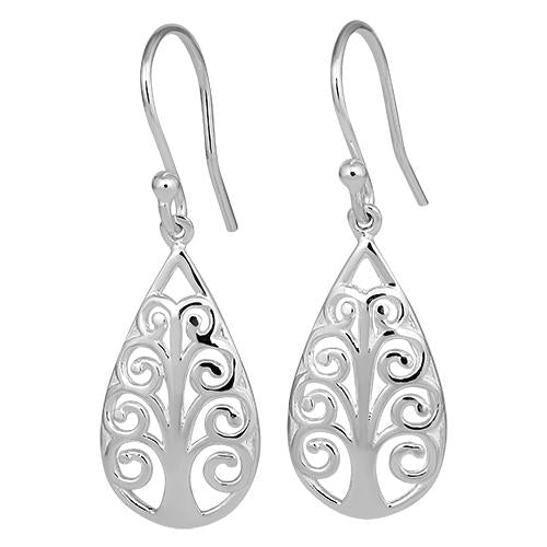 Sterling Silver Tree Of Life Teardrop Hook Earrings