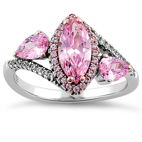 Sterling Silver Two-Tone Rose Gold Plated Marquise & Pear Cut Pink CZ Ring