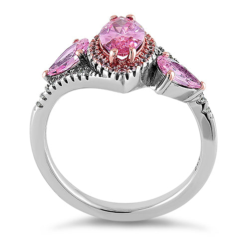 Sterling Silver Two-Tone Rose Gold Plated Marquise & Pear Cut Pink CZ Ring