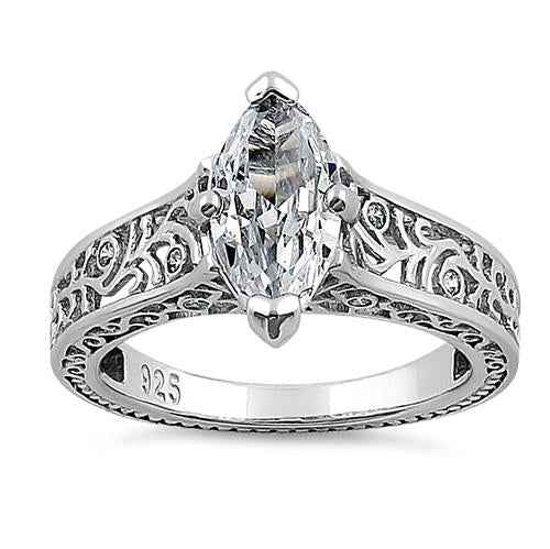 Sterling Silver Vines Filigree Maquise Cut Clear CZ Engagement Ring